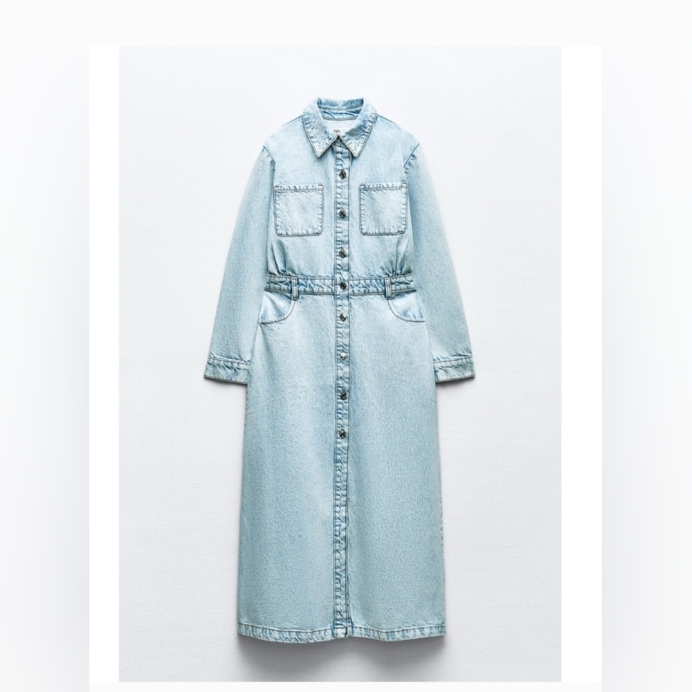Women's ZARA Light Blue OVERALL LONG SLEEVE DENIM DRESS
